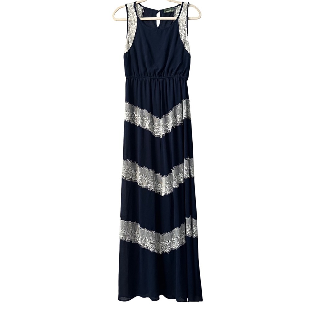 Maude Women's Maxi Dress‎ Navy Blue Sleeveless Lace Trim Elegant